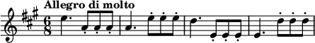 
\relative a'' { 
\key a \major
\time 6/8 
\tempo "Allegro di molto"
\tempo 8 = 360
e4. a,8\staccato a\staccato a\staccato a4. e'8\staccato e\staccato e\staccato d4. e,8\staccato e\staccato e\staccato e4. d'8\staccato d\staccato d\staccato 
}
