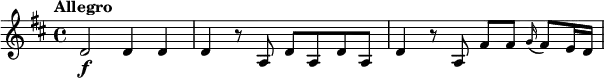 \relative c' {
\key d \major
\tempo "Allegro"
d2\f d4 d | d r8 a d a d a | d4 r8 a fis' fis \grace g16(fis8) e16 d |
}