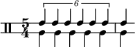 
<< \relative c' {
   \override Staff.StaffSymbol.line-positions = #'(-2 2)
   \clef percussion
   \time 5/4
   \override TupletNumber.text = #tuplet-number::calc-fraction-text
   \tuplet 6/5 { e4 e e e e e } e4
} \\ \relative c' {
   a4 a a a a a
}
>>
