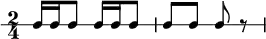 
\new RhythmicStaff { \time 2/4 c16 16 8 16 16 8 | 8 8 8 r | }
