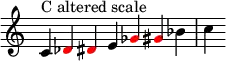  {
\override Score.TimeSignature #'stencil = ##f
\relative c' { 
  \clef treble \time 7/4 c4^\markup { C altered scale }
  \override NoteHead.color = #red des dis
  \override NoteHead.color = #black e
  \override NoteHead.color = #red ges gis
  \override NoteHead.color = #black bes c
  }
}
