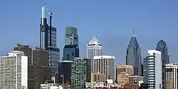 Philadelphia skyline with the five tallest buildings being (left-to-right) Comcast Technology Center, Comcast Center, BNY Mellon Center, One Liberty Place and Two Liberty Place