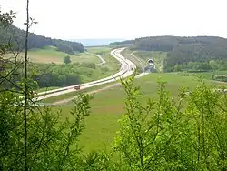 Autobahn A&nbsp;71 and new line in the valley of the Wipfra, in the background is the northern entrance of the Sandberg Tunnel