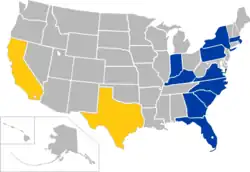 The ACC as it now exists, after the 2024 addition of California, SMU, and Stanford (in yellow).