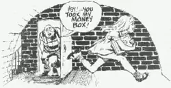 A comics panel. A girl runs away as a man pokes his head out a door saying, "Hey! ... You took my money box!"