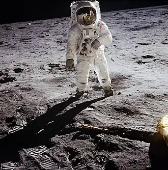 Astronaut Buzz Aldrin, standing on the Moon