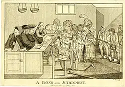 A black and white engraving of a court scene. John Fielding sits at his raised desk, with a blindfold over his eyes. To the right of him, a man holds up two pistols and a clerk is writing at a desk. In the background sits a crowd and waiting witnesses. To the far right, two prisoners are standing with leg chains on.
