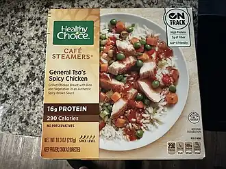 A box of Healthy Choice Cafe Steamers General Tso's Spicy Chicken meal