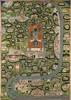 Unusual pichhwai showing the Vraj Parikrama, a circular pilgrimage route around the locations of Krishna's life, 65¾ x 47 in. (168 x 120&nbsp;cm.), 19th century.