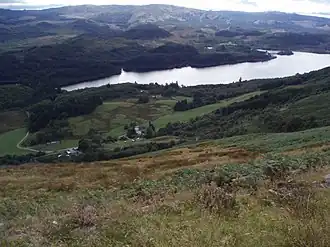 Aerial view of Above Drumlean, looking down the hillside to Loch Ard