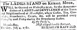 Advert that reads "The Ladies Stand on Kersal Moor will be opened on Wednesday next week, dated 4 July 1780"