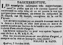 Advertisement by Halsey & Sadd for daguerreotype services, Quebec City, 9 October 1840