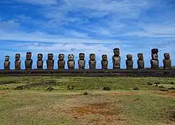 All fifteen standing moai at Ahu Tongariki, excavated and restored in the 1990s