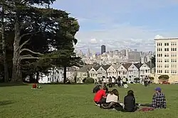 Looking across Alamo Square Park towards the famous "Painted Ladies" and city skyline