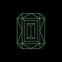 A geometric illustration of a green emerald on a solid black background