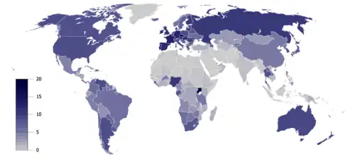 Total recorded alcohol per capita consumption (15+), in litres of pure alcohol[75]