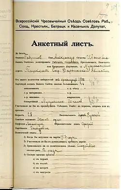 Delegate Questionnaire for the IV All-Russian Congress of Soviets