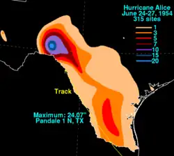 A contour map of rainfall totals, with melon-colored areas representing low rain totals to light ble areas representing high rain totals.