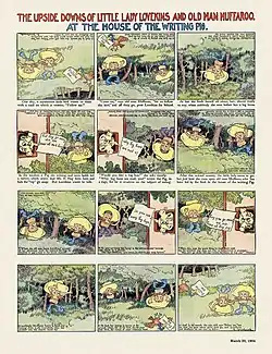 Comics The Upside Downs of Little Lady Lovekins and Old Man Muffaroo - At the house of the writing pig by Gustave Verbeek containing ambigram sentences, 1904