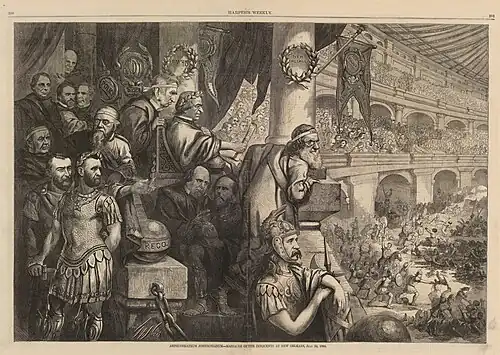 Amphitheatrum Johnsonianum – Massacre of the Innocents at New Orleans – July 30, 1866 (Harper's Weekly, September 8, 1866) has been called "one of the most important cartoons that Thomas Nast ever drew."