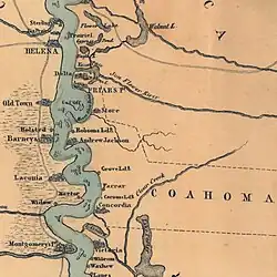 Map published 1863, showing riverfront landmarks of Coahoma County including old Delta; Andrew Jackson refers to the plantation of Andrew Jackson Jr.