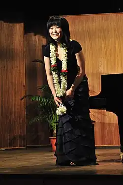 Ang Li at The Mazda Hall, after giving the India premiere of Alexina Louie's Memories in an Ancient Garden. Photo Credit: Arnaud Devic