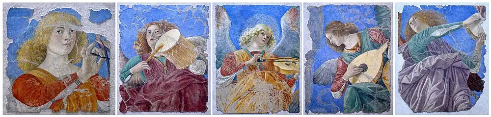 1480 A.D., Italy. Remnants of a fresco from Santi Apostoli, Rome, damaged during renovation in 1711. Triangle,pipe and tabor, vielle, lute, tambourine.