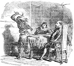 Engraving of Englishmen and an indigenous Virginian in a log cabin