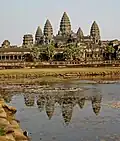 The five central towers of Angkor Wat, before a Hindu and later a Buddhist temple in Siem Reap, Cambodia, symbolize the peaks of Mount Meru