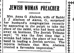 1908 article describing how Anna Abelson assumed the role of rabbi in her husband's absence