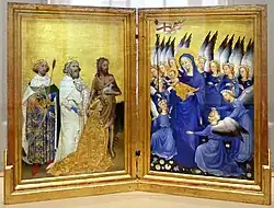 The Wilton Diptych; c. 1395–1459; tempera and gold on panel; 53 × 37&nbsp;cm; National Gallery (London)[143]