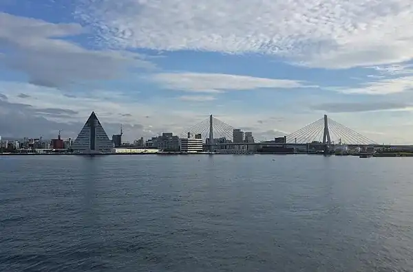 Aomori Bay Bridge and ASPAM as seen from the west lighthouse of Aomori Bay.