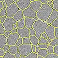 Microscopy image of grains of a material with boundaries displayed in yellow overlay