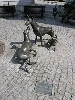 A statue of three Dobermans with a placard on a cobblestone surface.