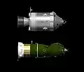 Apollo CSM and LOK (Soyuz 7K-L3) (drawn to scale). Command ships for the Moon voyage