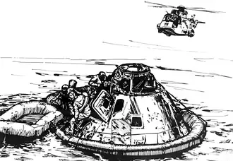 Parachutes are deployed, slowing the CM for a splashdown in the Pacific Ocean. The astronauts are recovered and brought to an aircraft carrier.