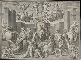 Sigismund on horseback striking Turks and Muslims with a lance