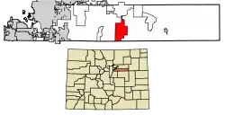 Location of the Comanche Creek CDP in Arapahoe County, Colorado.
