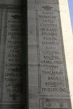 Photo shows Columns 19 and 20 under the Arc de Triomphe in Paris. There is a list of French-sounding names.
