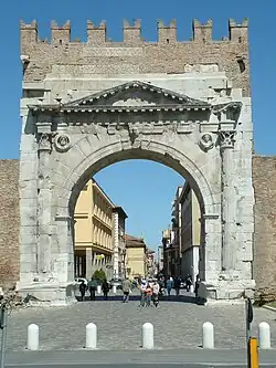 Roman pediment of the Arch of Augustus, Rimini, 27 BC
