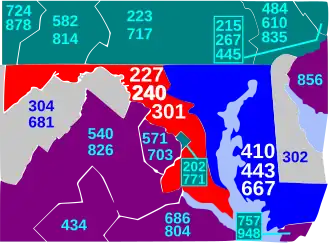 area codes 227, 240, and 301. These numbers are related to the main zip codes of Maryland.