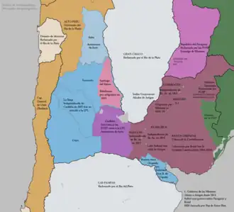 Political situation of the United Provinces during the First Argentine Civil War. In burgundy the Federal League, and in light blue the United Provinces. Cordoba was loyal both to the United Provinces and the Federal League. Salta was under an autonomous government and did not take part in the conflict.