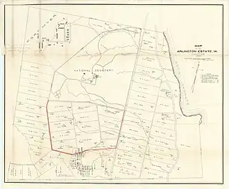 Map of Arlington Estate in 1888, including Freedman's Village in the south and Arlington Tract properties