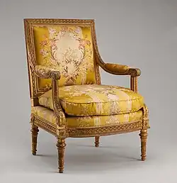 Armchair (fauteuil) from Louis XVI's Salon des Jeux at Saint-Cloud; 1788; carved and gilded walnut, gold brocaded silk (not original); overall: 100 × 74.9 × 65.1&nbsp;cm; Metropolitan Museum of Art