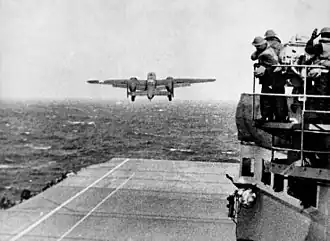 A B-25 Mitchell taking off from USS&nbsp;Hornet for the raid