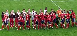 Two teams of players shaking hands.