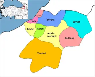 Map showing Şavşat District in Artvin Province