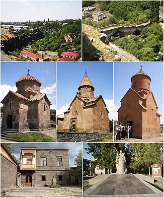 From top left: Ashtarak town&nbsp;• Ashtarak bridge of 1664 Karmravor Church&nbsp;• Saint Marianeh Church&nbsp;• Surp Sarkis Church House-museum of Perch Proshyan&nbsp;• the statue of Nerses Ashtaraketsi
