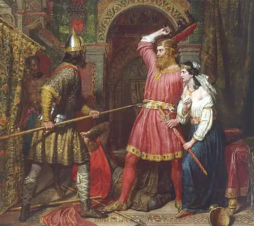 A painting in which one man points a spear at another, while a woman grasps the second man's sword