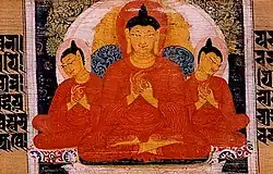 Painting of the Buddha supernaturally multiplying his body, referred to as the miracle at Sravasti. From the Astasahasrika Prajnaparamita Sutra manuscript. Nalanda, Bihar, India. Circa 700-1100 CE.